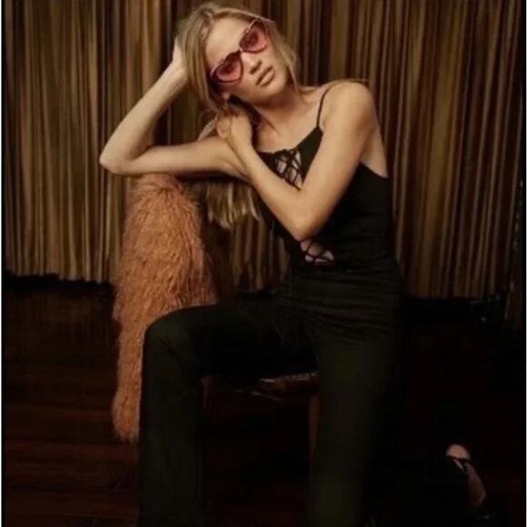 REFORMATION Sophie Jumpsuit Lace Up Neck Tie Up Strappy Black Sz 2 {S11} - Picture 2 of 8